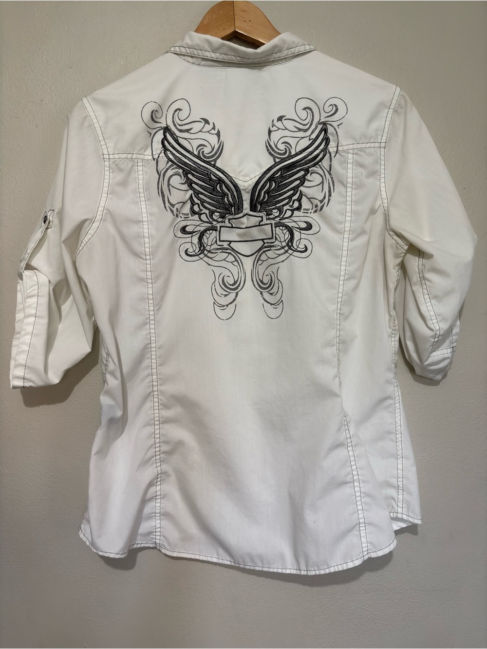 Harley Davidson White Winged Button Up Shirt Large Biker Moto Western Boho - Picture 15 of 15